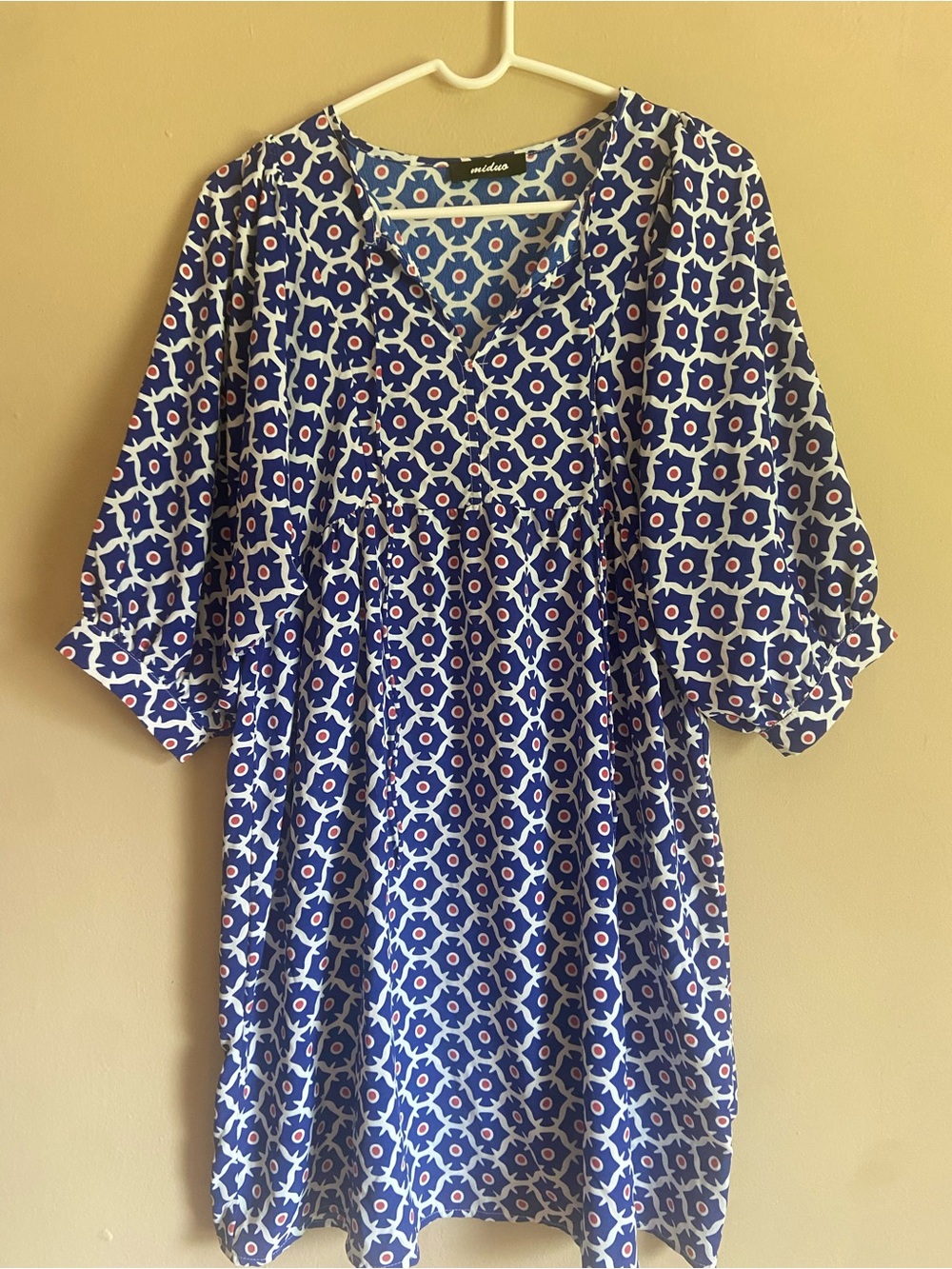 Bohemian Festival 70s Maximalist Eclectic Blue White & Red Geometric Tunic Dress